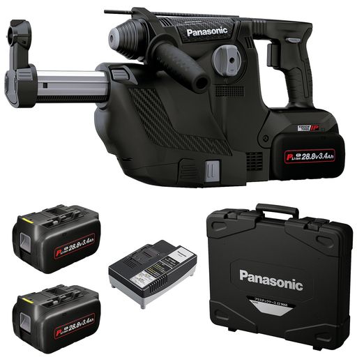 パナソニック(Panasonic) 申し受ける鉄鎚せん孔機 28.8V 3.4Ah蓄電池風呂敷き包みx2個/申し受ける器/集塵取り合わせ/入れもの付 集塵取り合わせ積み上げる 混凝土~Φ28粍 甲板突き刺さる IP56 EZ7881パソコン2V-B 黒いこと