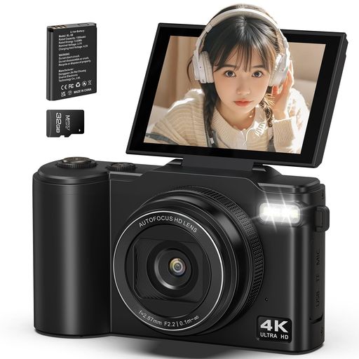 4KUHDデジタル写真機、6400万絵素コンパクトポケットカメラ180度回転させる式3.0inIPS映写幕、18倍デジタル望遠レンズ、オート興味の中心、16種水漉し、32GBマイクロSD歌留多同梱学習者・初…