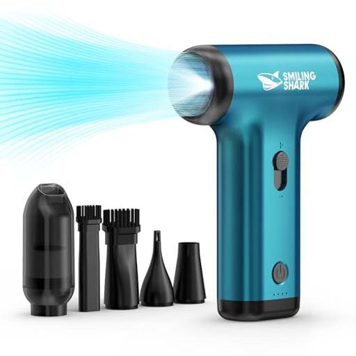Smiling Shark 電動エアダスター JF01 PRO,【2024最強エアダスター&掃除機2in1 LEDライト付き】超強風速 150000RPM吹き出し力 ダストカップ 無段階風量調整 長時間連続使用 多用途ノズルとブラシ付き|fleurette