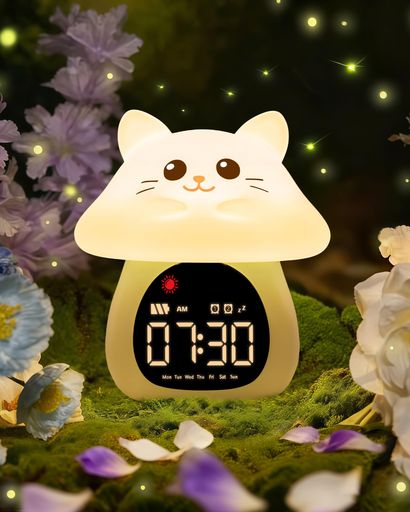 子ども用スリープトレーニング目覚まし時計・ナイトライト付き?「OktoWake」ダブルアラーム、RGBライト、6種類のアラーム音&ホワイトノイズ、充電式、男女兼用?ねこ