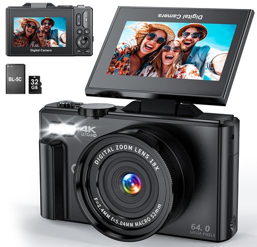 CIRRO 4Kデジタルカメラ 写真撮影用|WiFi対応 64MP UHD Vlogカメラ|18倍デジタルズーム 超広角レンズ|3インチ180°回転スクリーン|32GB SDカード付き|ブラック|fleurette