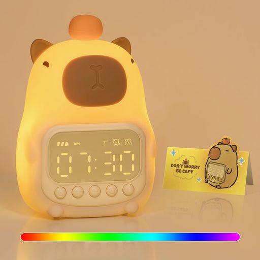 カピバラ目覚まし時計ナイトライト付き子供用|7色RGBライト搭載かわいい目覚まし時計ベッドルーム用|OKtoWakeクロック|シリコン製動物型テーブルトップランプ|ティーン女子・男子に最適