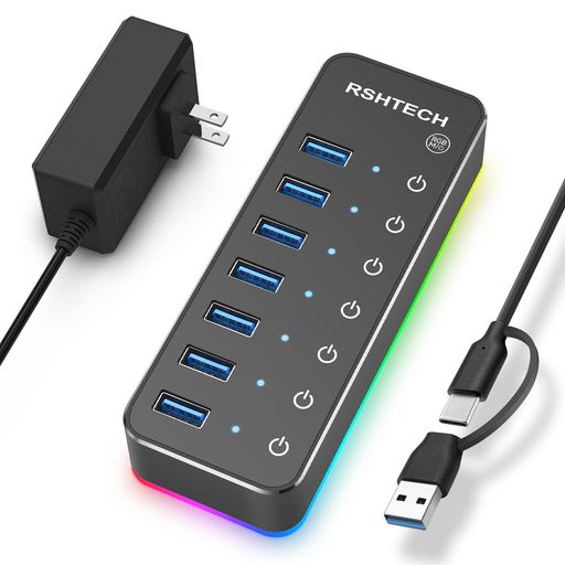 RSHTECHUSBハブ3.0電源付きRGB7ポート2in1ケーブル付きUSBHubアルミ製5Gbps高速転送セルフパワーとバスパワー両用5V4A電源独立スイッチ付き(RSH-518R)