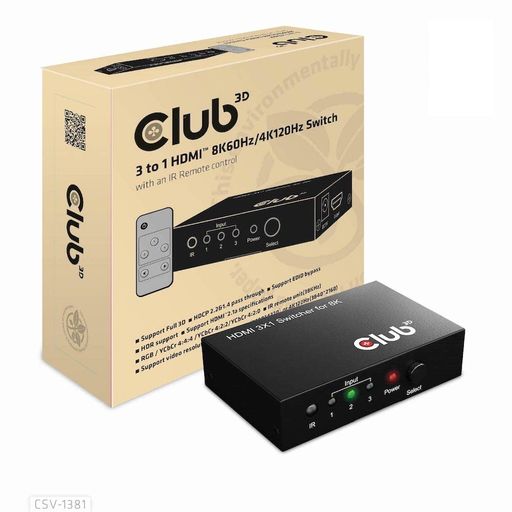 Club3D HDMI 8K60サイクル / 4K120サイクル 3インプット1最終生産物 うつり変わり器 取り替えっこボックス席 Switch Box 遠隔操作付き添い人 (CSV-1381)