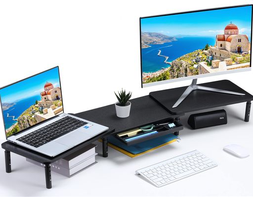 ETHUデュアルモニタースタンドPC机上台幅109cm2台ディスプレイ対応引出し付き角度調整可能耐荷重40KG(ブラック)