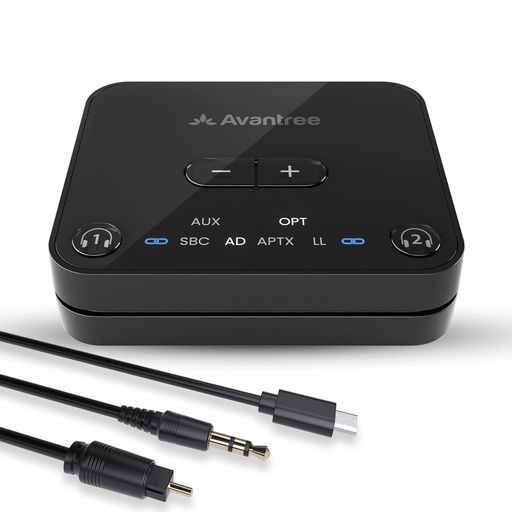 AvantreeAudikast3-aptXAdaptive対応Bluetooth5.3トランスミッター(TVオーディオ用)、光およびAUX出力対応、デュアルヘッドフォン接続、最大30mの通信範囲