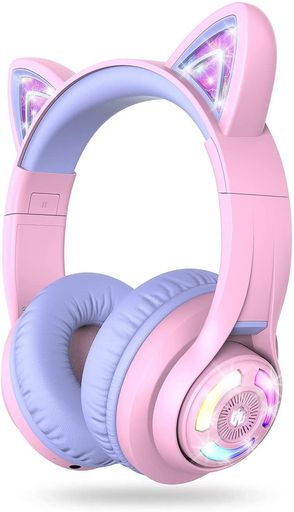 iClever子供用ヘッドフォンBluetoothヘッドフォン猫耳LEDライトアップワイヤレスキッズヘッドフォン音量制限付き(74/85dBA)45Hプレイタイムマイク付き学校/タブレット/PC用BTH13パープル