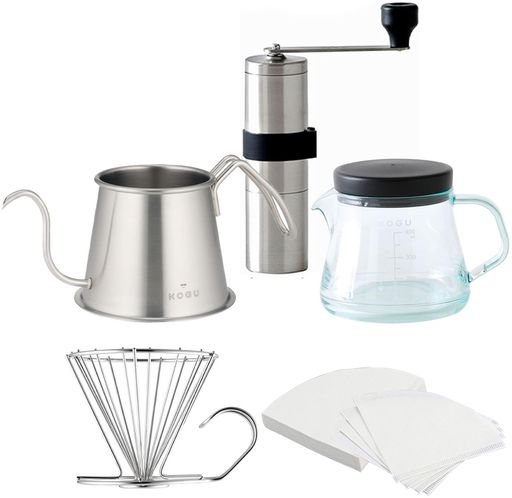 KOGU珈琲考具ギフト5点セット【日本製】真下に注げるコーヒーポットドリッパーコーヒーミル手動割れないサーバーペーパーフィルター2~4杯用ギフトボックス燕三条44199プレゼント誕生日…