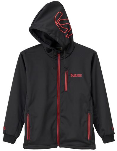 [サンライン]釣具パーカーフリースフルジップフーディブラックxSUNLINEレッド4Lサイズ