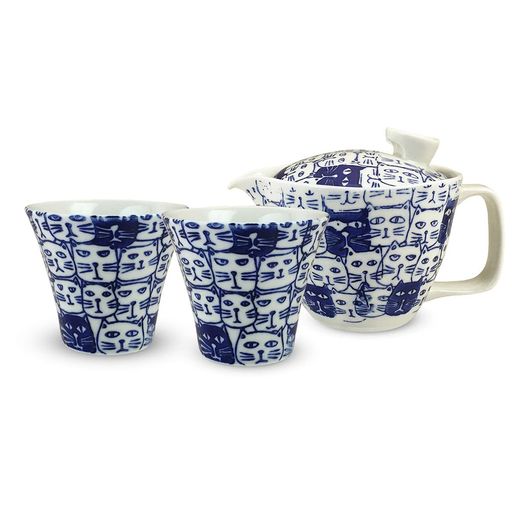J-kitchens勲山窯急須240ml&ペア湯呑みセット波佐見焼日本製1人用~2人用茶こし付きキャッツブルー