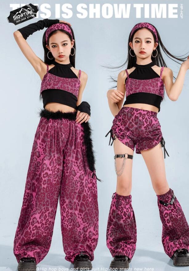 子供ダンス衣装　豹柄ベスト ガーコパンツ ジャズダンス衣装 ヒップホップ キッズダンス衣装hiphop　黒キャミソール ミニパンツ セットアップ ゆったりパンツ 女の子 ジャズダンス k-popダンス衣装 ダンスウエア ステージ衣装 運動会 110-180cm