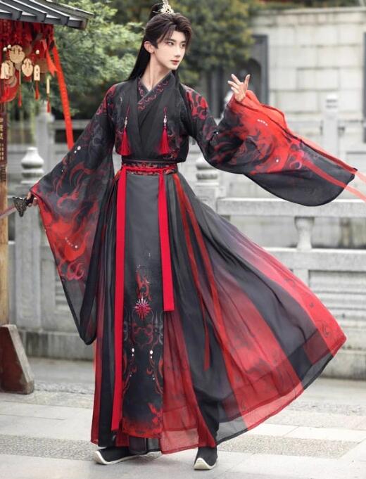 チャイナドレス 中華風 漢服 3点セット ハロウインコスプレ 振袖羽織付き 黒赤 グラデーション暗黒系 メンズ チャイナ服 中華 コスプレ衣装 交差襟 広袖 武侠 中華古代時代劇 コスチューム 房 ふさ付き 飄逸 中国古代服装 男女兼用 チャイナ風 ハロウィン 衣装