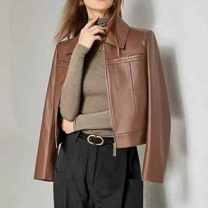 折り襟 本革 ジャケット ラムレザー ショートコート シンプル ポケット ボタン 無地 大きいサイズ｜Fleurir bienvenue