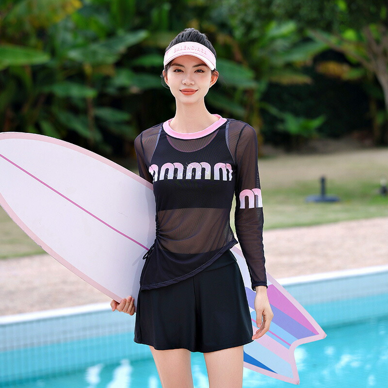 水着 レディース 体型カバー スプリット 長袖 セパレート セット シアー 学生 大人 女子 ママ水着 女性 日焼け防止 スポーツ水着 水泳 夏 海 プール リゾート 露出控えめ シンプル スイムウェア クロップドトップス