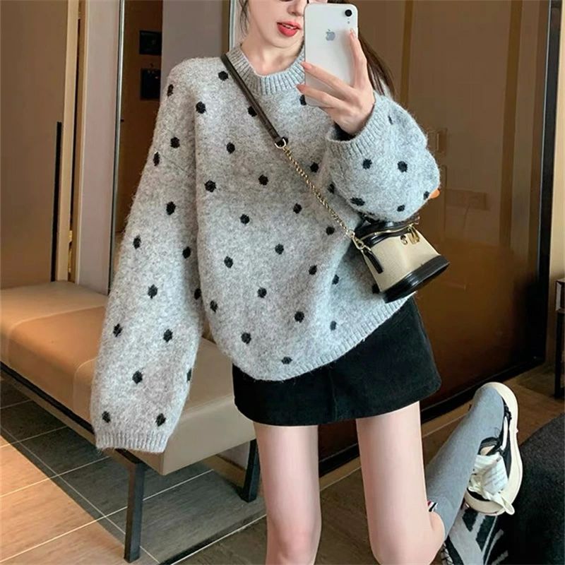 GANGSTERVILE ドット柄ニットセーター　Lサイズ 洗える/S-LL】 ドット柄が目を惹く ゆったりジャカードニット（ニット