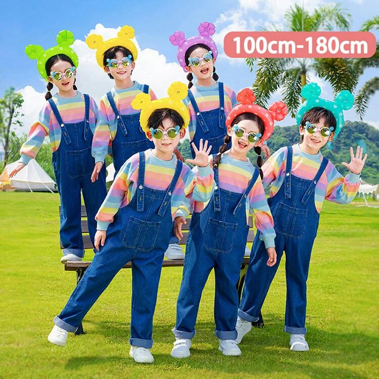 虹色 デニム 夏 キッズ ダンス衣装 オーバーオール サロペット パンツ トップス パフォーマンス セットアップ 女の子 男の子 おしゃれ ゆったり スポーツ ジャズダンス ヒップホップ ポッピング 合唱団 演出服 練習着 団体服 応援団 個性派　幼稚園 子供