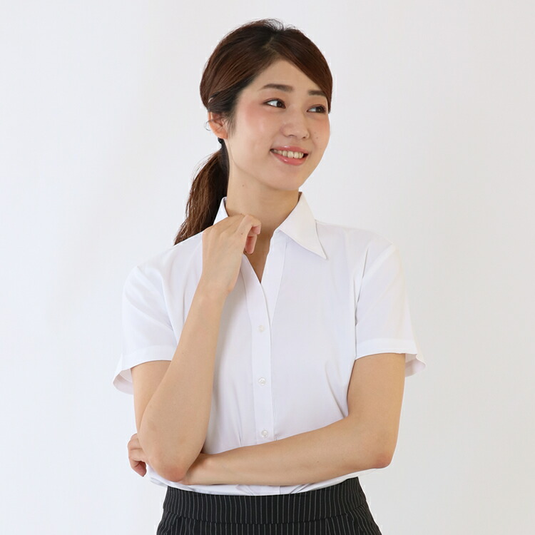 楽天市場 開襟 ブラウス ストレッチ ワイシャツ レディース オフィス 半袖 Yシャツ ビジネス 作業着 制服 スリム 伸びる 事務服 ホワイト Los2513 Flic フリック ワイシャツ専門店