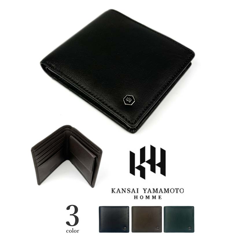 KANSAI YAMAMOTO(ヤマモトカンサイ)二つ折り 財布 ショートウォレット シンプル カーフスキン 仔牛革 レザー 牛革 本革(メンズ)khju004