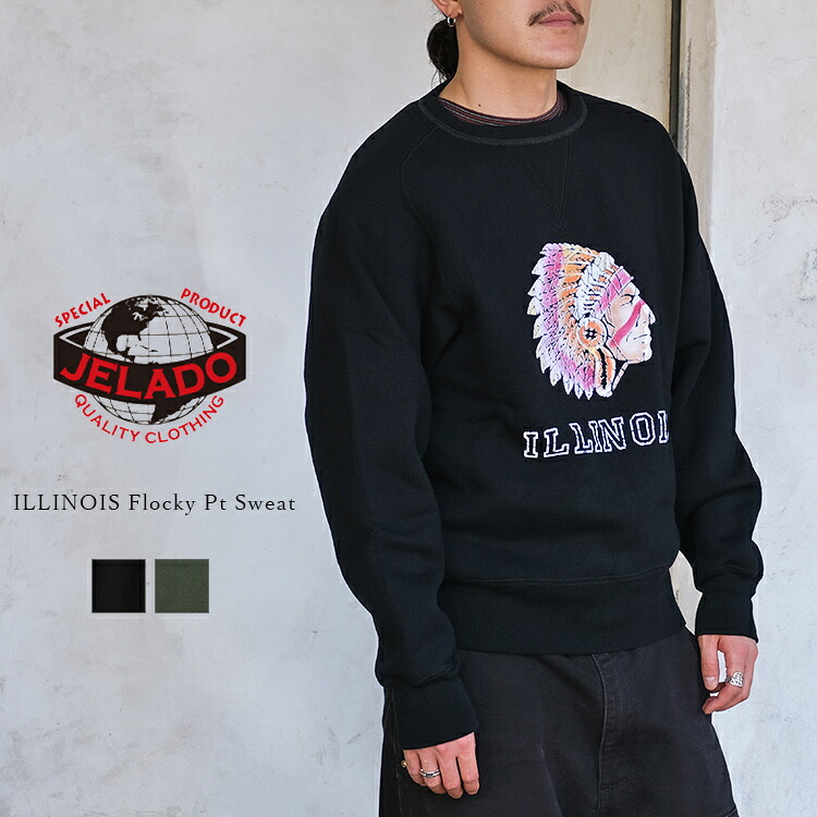 【S】JELADO ジェラード AB12201 ILLINOIS Flocky Pt Sweat フロッキープリント スウェットシャツ ヴィンテージ アメカジ コットン メンズ 〔FL〕｜FLISCO