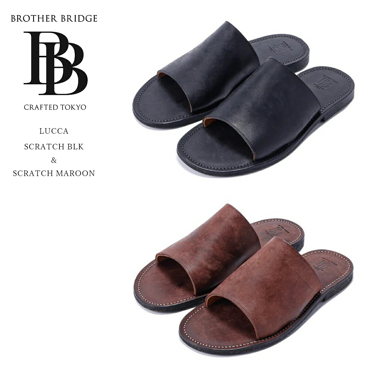 【クーポン対象外※ご利用後も適用前の価格にて販売】BROTHER BRIDGE ブラザーブリッジ LUCCA ルッカ SCRATCH COW ブラック マルーン シャワーサンダル 牛革 ショルダー革 スクラッチ加工 メンズ 〔FL〕|FLISCO