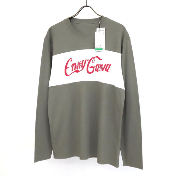 【未使用】lucien pellat-finet ルシアンペラフィネ 長袖 カットソー Tシャツ コットン 英字プリント 丸首 ラウンドネック ロンT ロングスリーブ トップス Lサイズ カーキ メンズ イタリア製