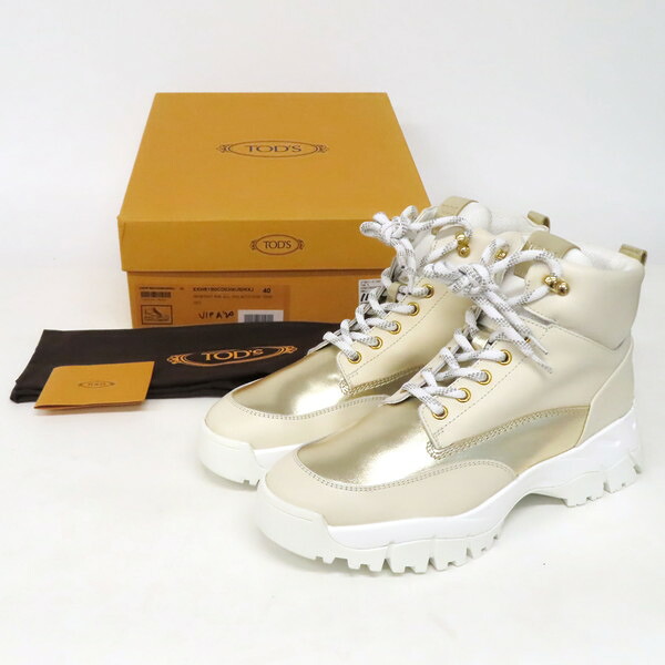 【未使用】TOD'S トッズ トレッキングブーツ ハイカットスニーカー レザー レースアップ 厚底 チャンキーヒール size40 ベージュ×ゴールド イタリア製 レディース