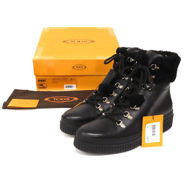 【未使用】TOD'S トッズ トレッキングブーツ ハイカットスニーカー レザー×ムートンボア 編み上げ アンクル ショートブーツ size40.5 黒 ブラック イタリア製 レディース|FLORA CLOSET