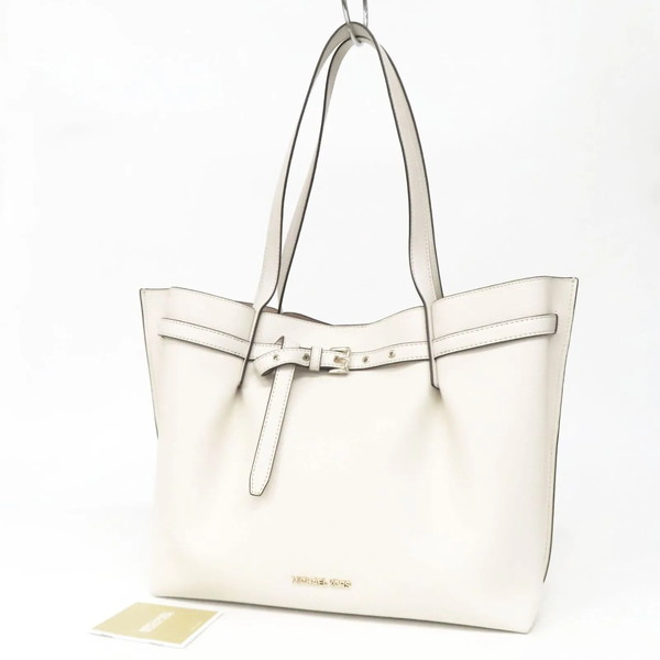 【美品】MICHAEL KORS マイケルコース エミリア ラージ イーストウエスト トートバッグ シボ革 レザー ベルトデザイン アイボリー レディース|FLORA CLOSET