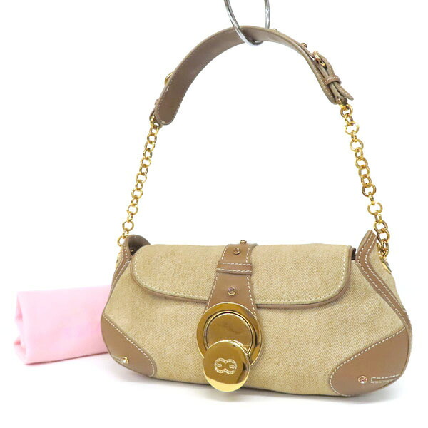 【美品】ESCADA エスカーダ チェーン ワンショルダーバッグ ハンドバッグ キャンバス地柄 ヌバック スエード レザー ハンドメイド ベージュ×ブラウン イタリア製 レディース