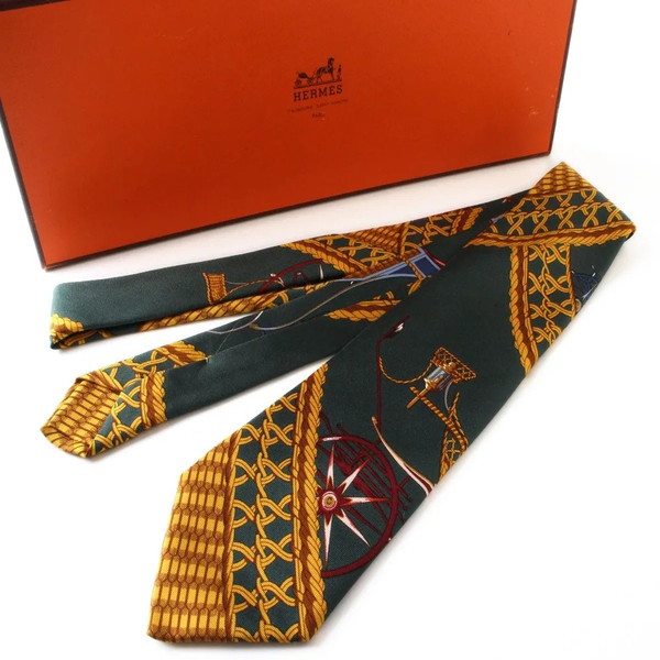【中古】 HERMES エルメス ネクタイ 総柄 シルク100% グリーン×ゴールド系 フランス製|FLORA CLOSET