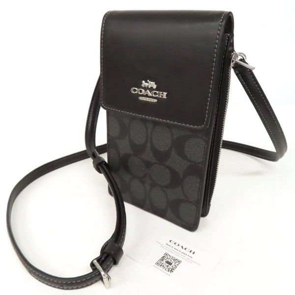 【極美品】 COACH コーチ サウス フォーン クロスボディ ミニ ショルダーバッグ シグネチャー PVC×レザー メタルロゴ シルバー金具 フラップ 斜め掛け スマホショルダー 黒 ブラック レディース
