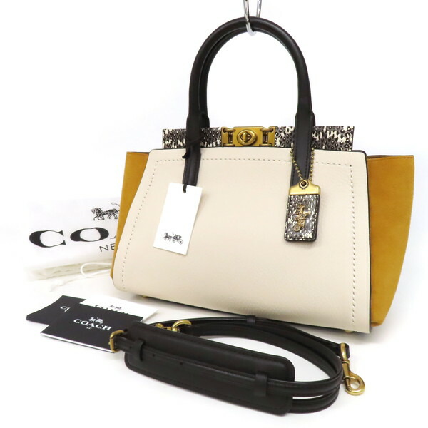 【極美品】COACH コーチ トループ 2WAY トートバッグ ショルダーバッグ スネークスキン×オールレザー ターンロック金具 ベージュ系 レディース