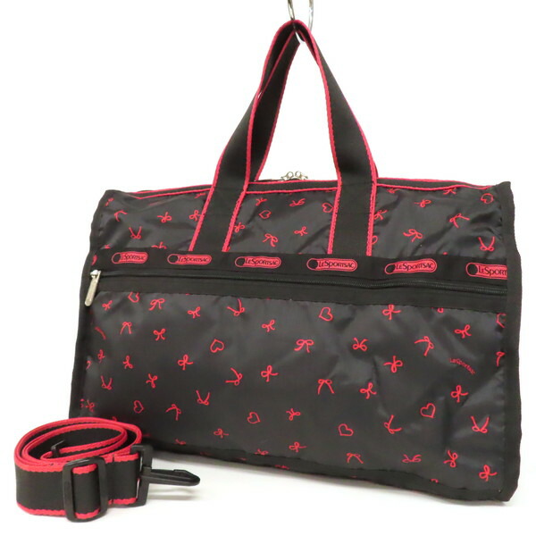 【極美品】LeSportsac レスポートサック 2WAY ボストンバッグ ショルダーバッグ トラベルバッグ ハート&リボン 総柄 ロゴテープ ポリエステル 軽量 黒 ブラック×レッド レディース