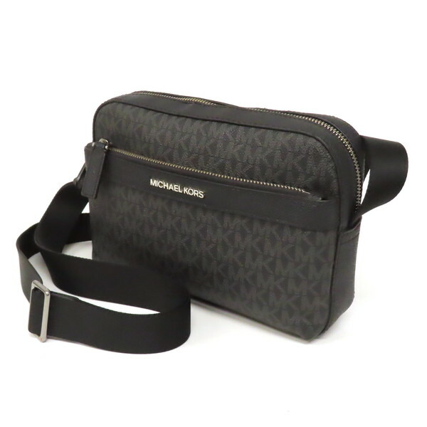 【美品】MICHAEL KORS マイケルコース COOPER クーパー ユーティリティ ショルダーバッグ 斜め掛け クロスボディ ビジネスバッグ MK柄 総柄 スクエア PVC×レザー 黒 ブラック メンズ