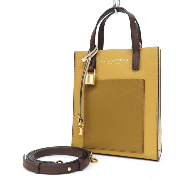 【極美品】MARC JACOBS マークジェイコブス 2WAY ミニ ハンドバッグ ショルダーバッグ シボ革 レザー ロゴ 斜め掛け クロスボディ スクエア ベージュ×ブラウン系 レディース