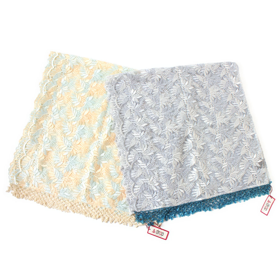 【未使用】Drap barcelona ドラップ・バルセロナ レース ショール ビーズ ストール 2色 2カラー ブルー系 クリーム×ライトブルー系
