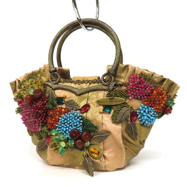 【美品】MARY FRANCES メアリーフランシス ミニ ハンドバッグ ビーズ ビジュー パッチワーク フルーツ メタルリングハンドル レザー パーティーバッグ ミニバッグ ゴールド系マルチカラー レディース