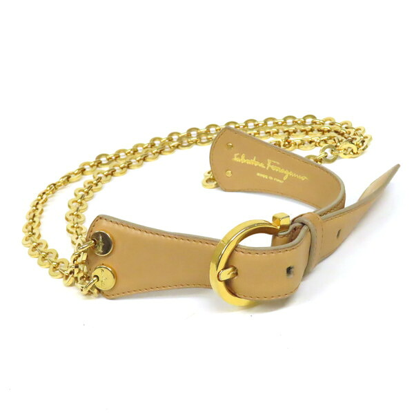 【美品】Salvatore Ferragamo サルヴァトーレフェラガモ ガンチーニ バックル チェーン×レザー ベルト ベージュ イタリア製 レディース