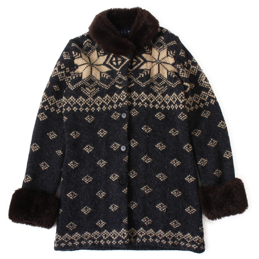 RALPH LAUREN ラルフローレン ノルディック柄 ニット ジャケット コート ファー付き チャコールグレー M