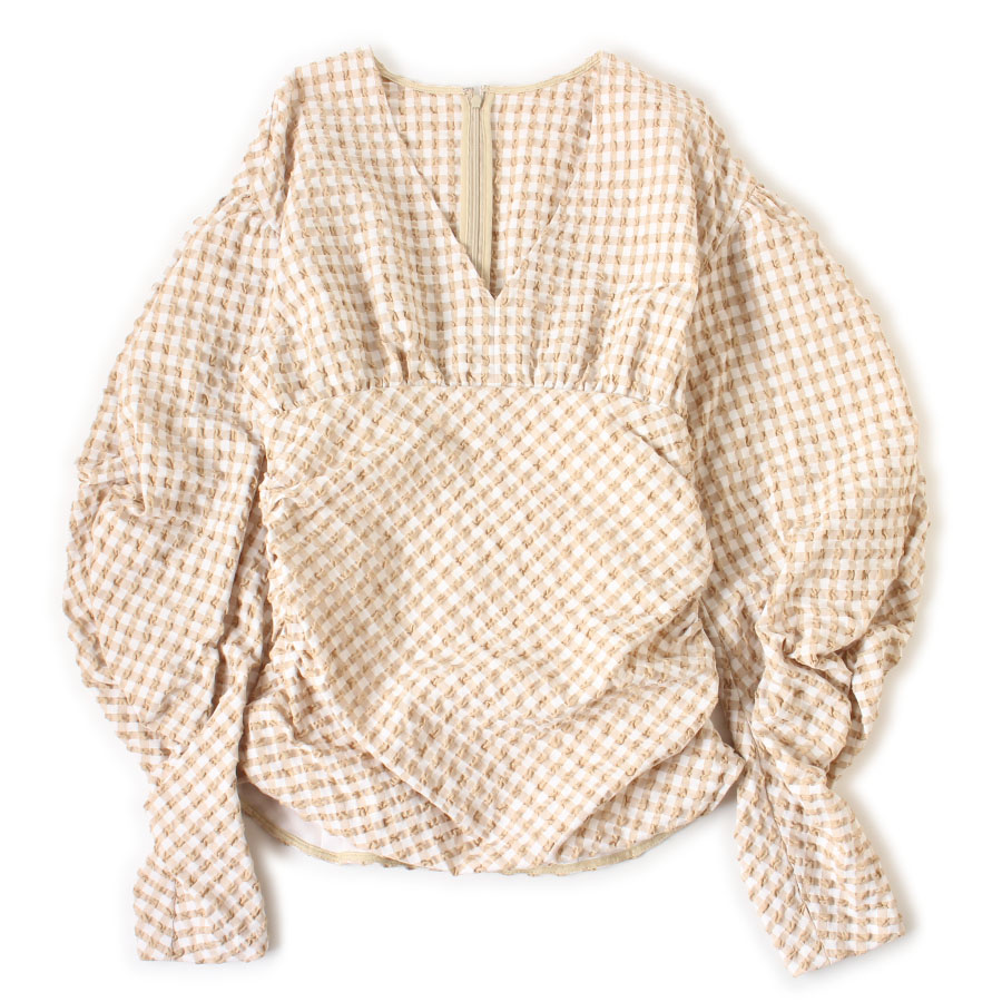 【美品】IRENE アイレネ チェック柄 カットソー チュニック ブラウス36 ベージュ×ホワイト 日本製