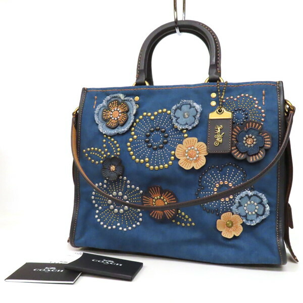【極美品】COACH コーチ ティーローズ 2WAY トートバッグ 肩掛け ショルダーバッグ デニム×レザー 花モチーフ フラワー スタッズ リベット 青系 ブルー レディース|FLORA CLOSET