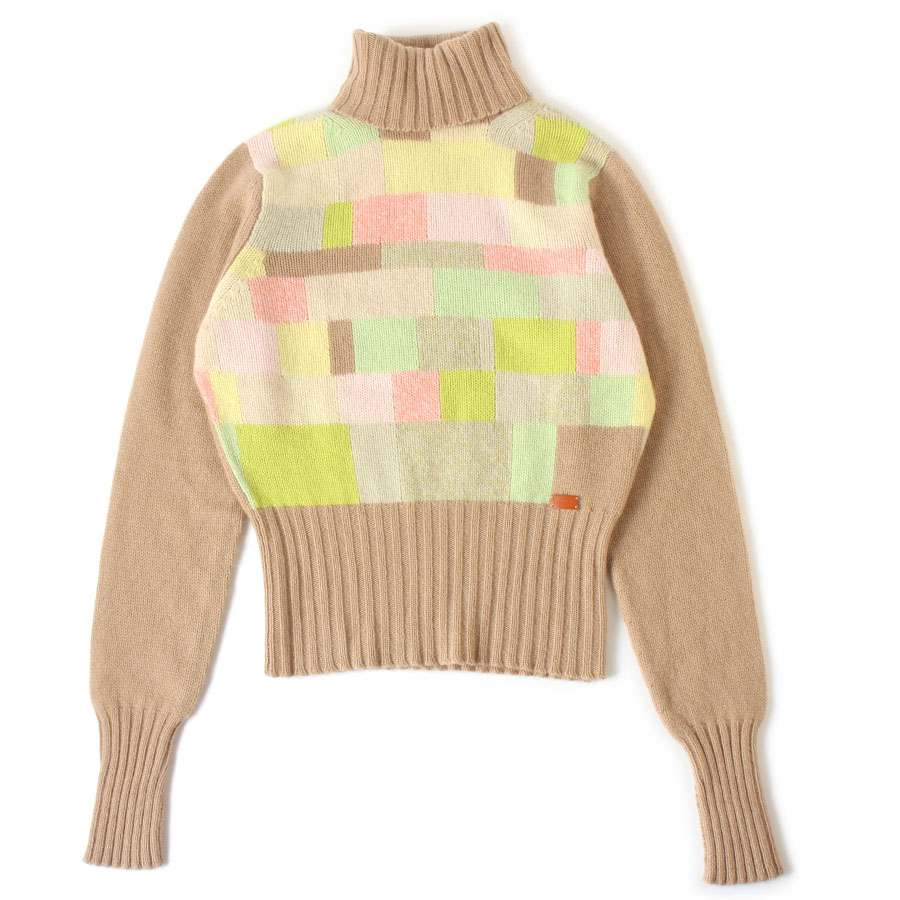 【美品】CHANEL シャネル タートル ニット セーター カシミヤ 38 ベージュ×マルチカラー