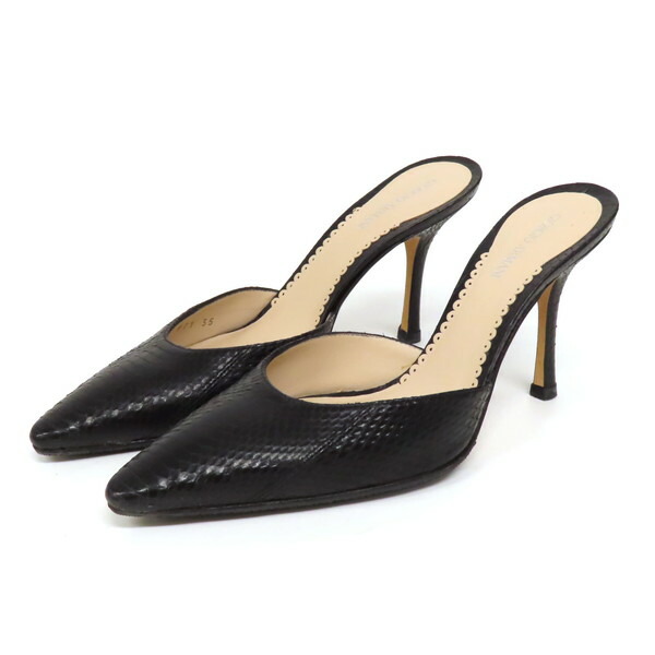 【美品】GIORGIO ARMANI ジョルジオアルマーニ 長虫革 パイソン なめし革 ミュール サンダル ポインテッドトゥ ハイヒール シューズ size35 黒 黒いこと イタリア製 レディース
