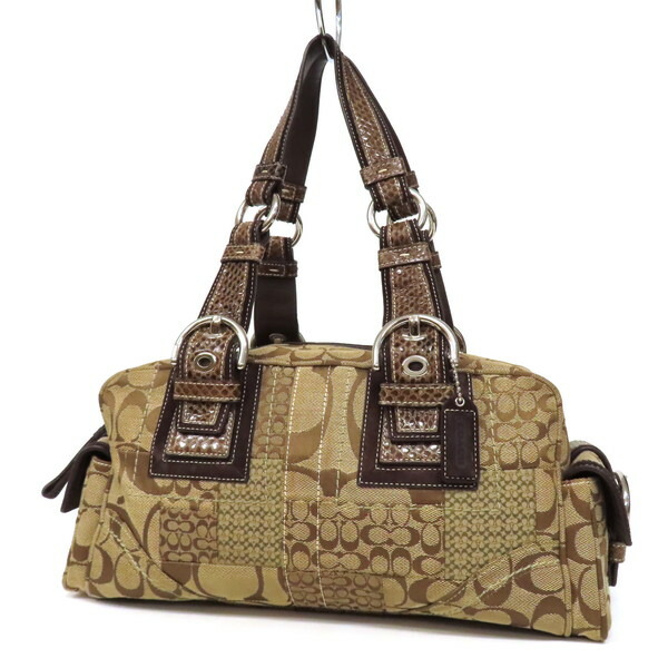 【美品】COACH コーチ職 SOHO ソーホー 名書き パッチワーク サッチェル ハンドバック ミニボストンバッグ 帆布×なめし革 パイソン型押しなめし革 肩かけ 肩肉 ベージュ×赤銅色 レディース