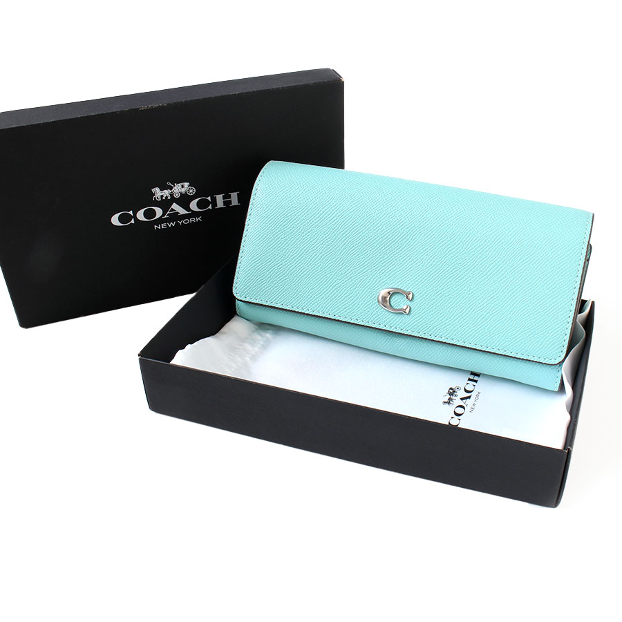 【極美品】COACH コーチ エッセンシャル ミディアム フラップ ウォレット ぺプル レザー 長財布 ロングウォレット ミントブルー アクアマリン CH803 パスケース付き｜FLORA CLOSET