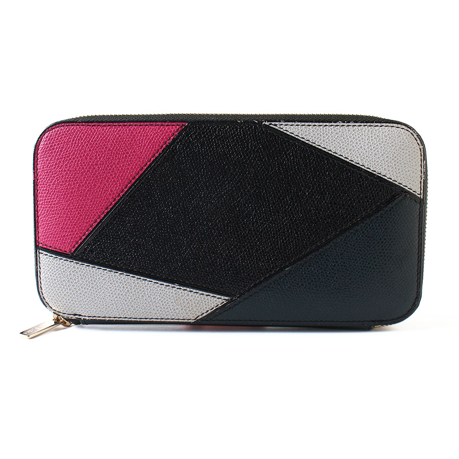 【美品】MARTINO GAMPER × Valextra マルティーノガンパー × ヴァレクストラ なめし革 長紙入れ ラウンドジップ ラウンドジッパー Patchwork Wallet  パッチワークウォレット さくら色×黒いこと×マルチ色合い イタリア製