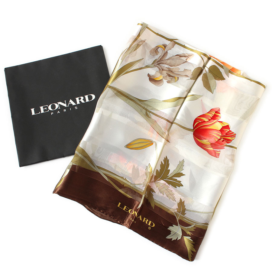 【未当て嵌める】 LEONARD レオナール えり巻き 地絹 赤銅色×マルチ色つや イタリア製 薔薇柄 御花柄 花柄