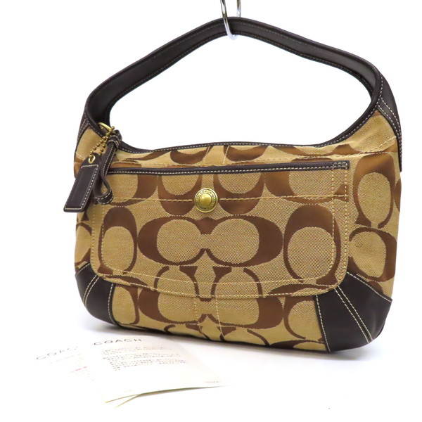 【中古・美品】COACH コーチ エルゴ Ergo ホーボーバッグ ワンショルダーバッグ トートバッグ シグネチャー柄 キャンバス&times;レザー ロゴボタン ブラウン 茶系 レディース｜FLORA CLOSET