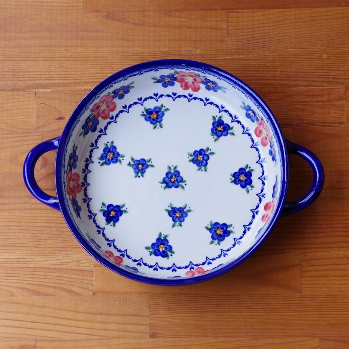 【SALE】ポーランド食器 ポーリッシュポタリー ラウンドキャセロール 持ち手付き オーブンディッシュ グラタン皿 ネイビー 赤 花柄 V152-U072｜フローマルクト