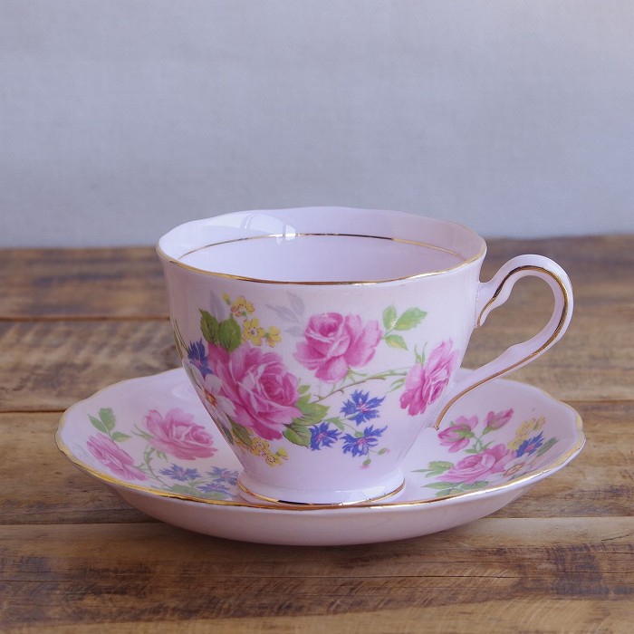 コルクラフ ピンク 薔薇 花柄 コーヒーカップ&ソーサー Colclough コルクロー #250507-7~10 【海外直輸入中古品】